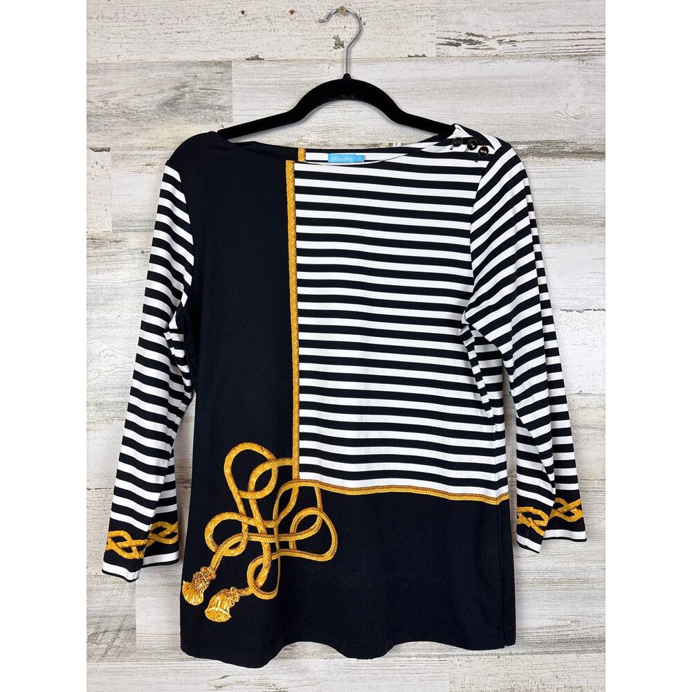 J.McLaughlin Womens M Black Stripe Gold Chain Pullover 3/4 Sleeve Casual Top NEW - Picture 2 of 6